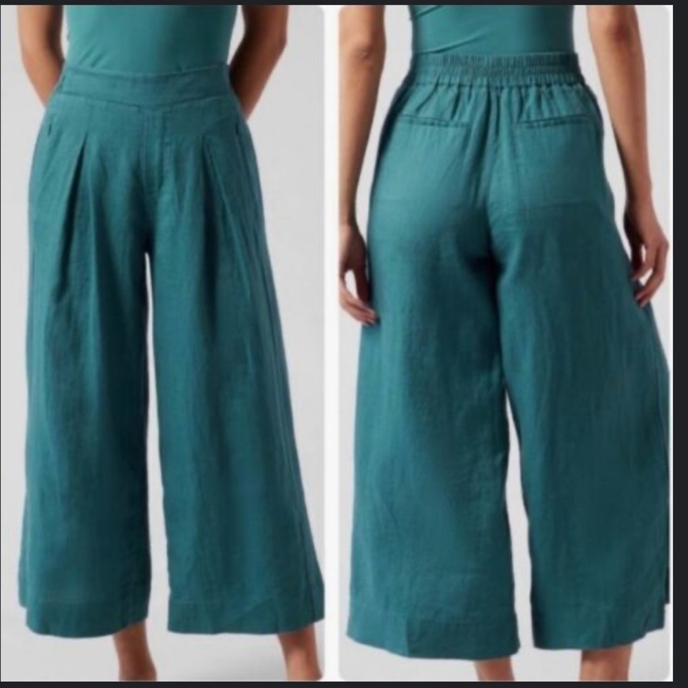 Athleta Playa Linen Wide Crop Borealis Green 100% Linen Size 4